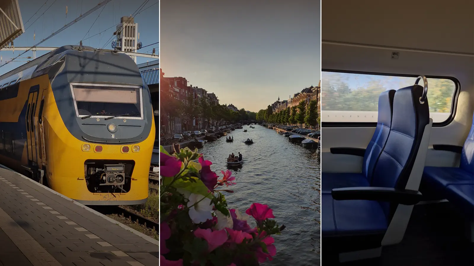 Nederlandticket 2026: Collage von holländischem Zug und Amsterdam Stadtblick